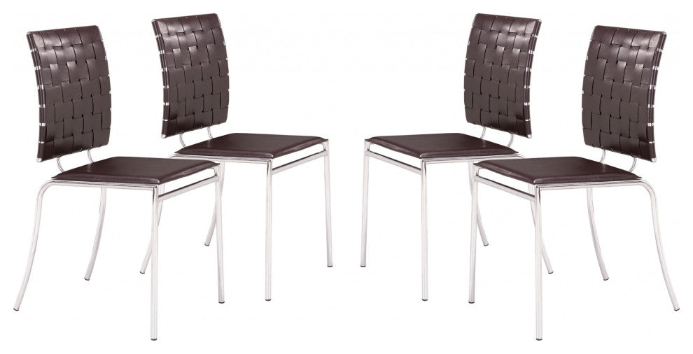 Set of Four Brown Faux Leather and Steel Modern Basket Weave Dining Chairs