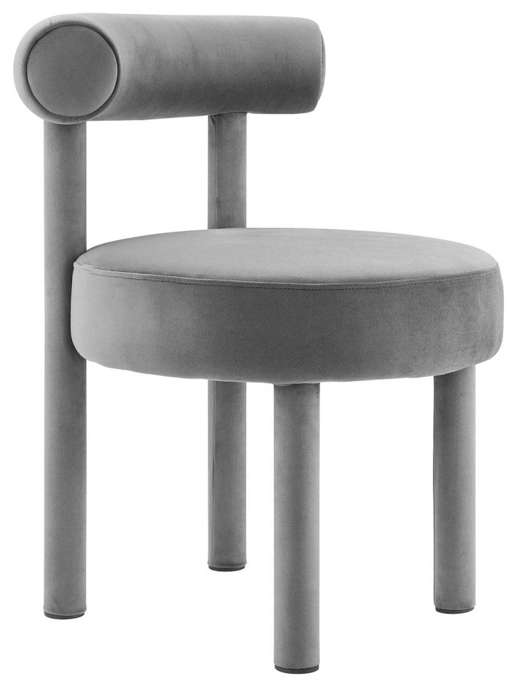 Toulouse Performance Velvet Dining Chair, Curved Round Bolster Side Chair, Grey