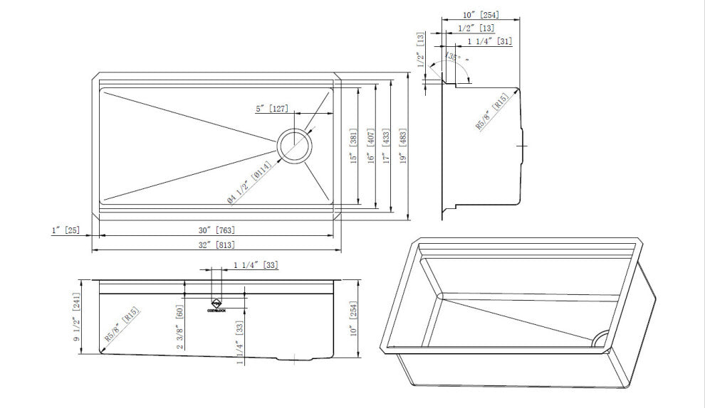 Workstation 32" Undermount Single Bowl Black Stainless Steel Kitchen Sink