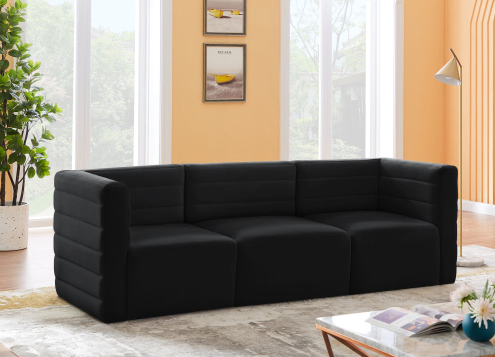 Quincy Velvet Upholstered 3-Piece Modular Sofa, Black