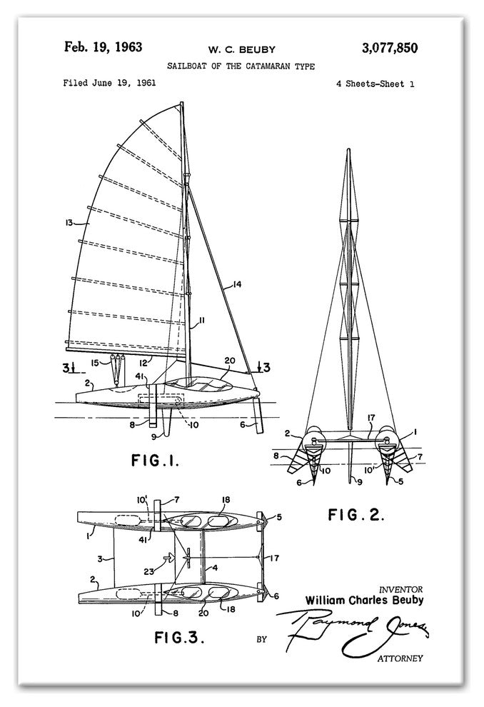 Vintage Sailboat Catamaran Patent 20"x30" Print on Canvas