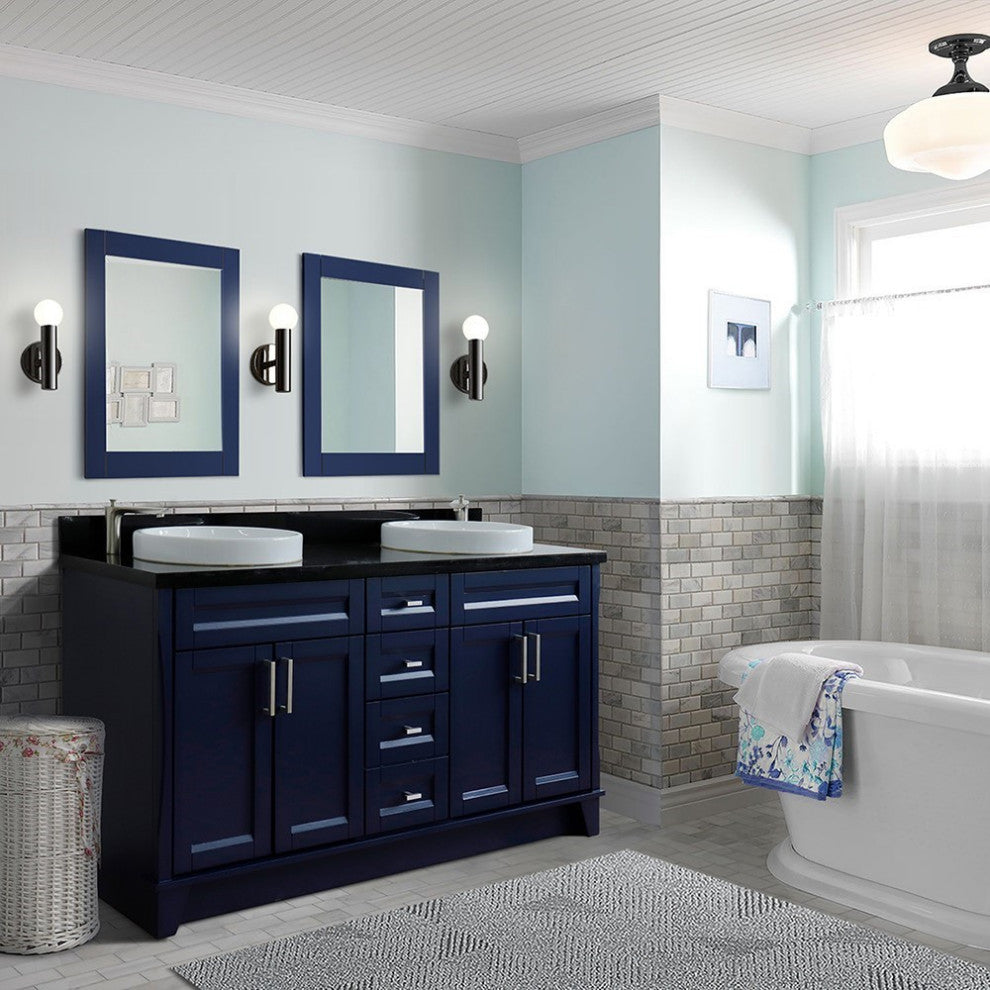 61" Double Sink Vanity, Blue Finish And Black Galaxy Granite And Round Sink