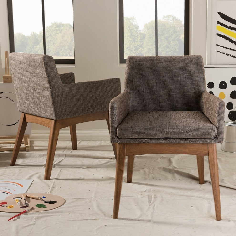 Nexus Walnut Wood Finishing and Gravel Fabric Upholstered Arm Chair, Set of 2