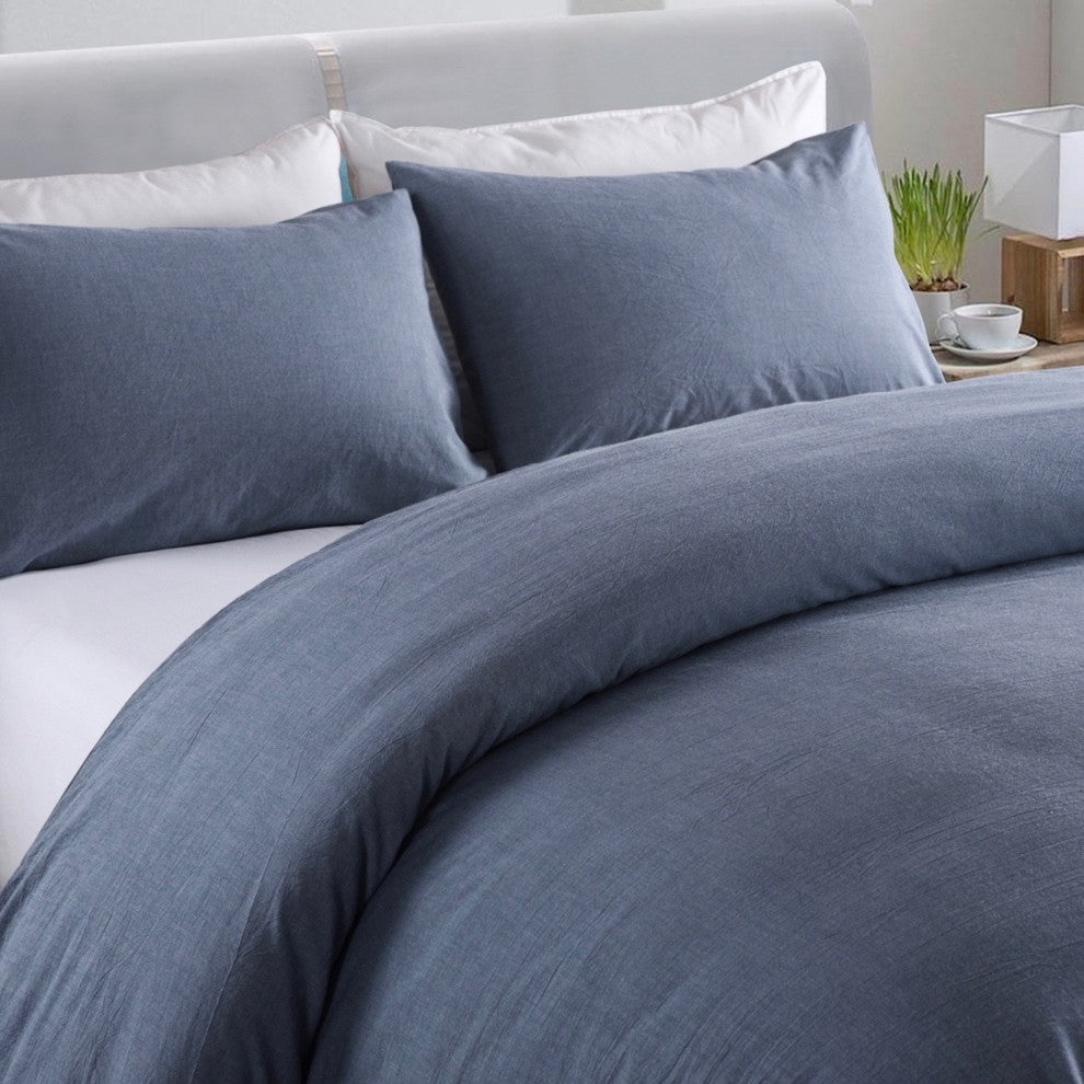 Messy Bed Washed Cotton Duvet Cover and Sham Set, Blue, Full/Queen