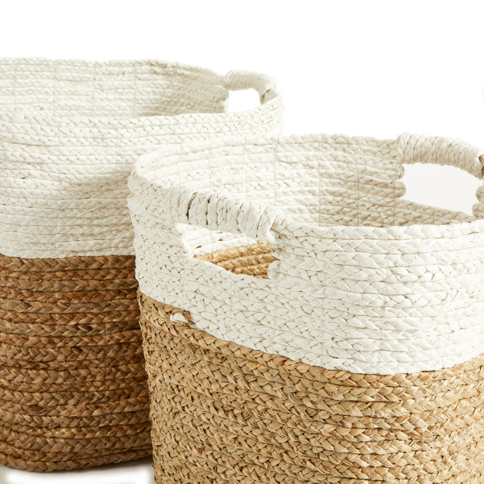 Set 2 Contemporary Casual Natural White Tall Tote Baskets with Handles Large