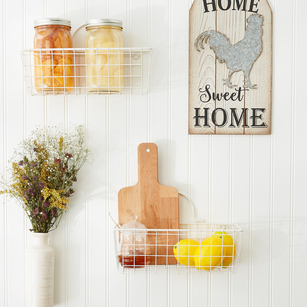 Small Antique White Wire Wall Basket (Set of 2)