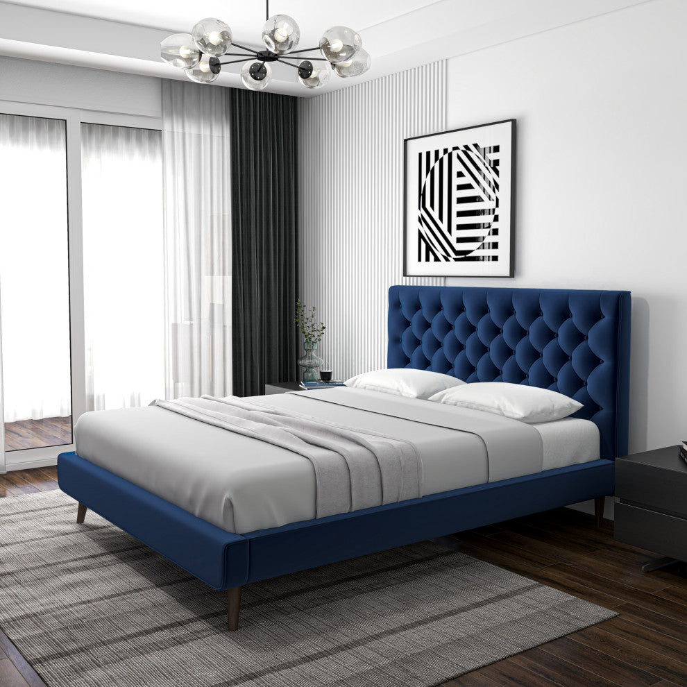 Ashley Midcentury Velvet Tufted Solid Wood Platform Bed, Blue, Queen