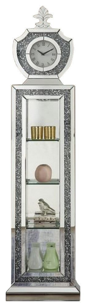 Benzara BM269092 Grandfather Clock With 4 Compartments and Mirror Frame, Silver