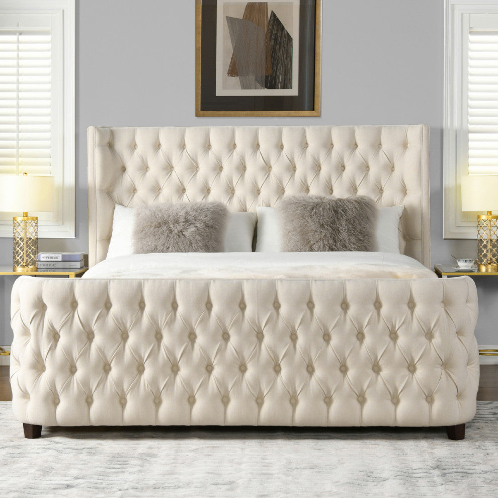 Brooklyn Tufted Sheltered Wingback Panel Bed, Light Beige, King