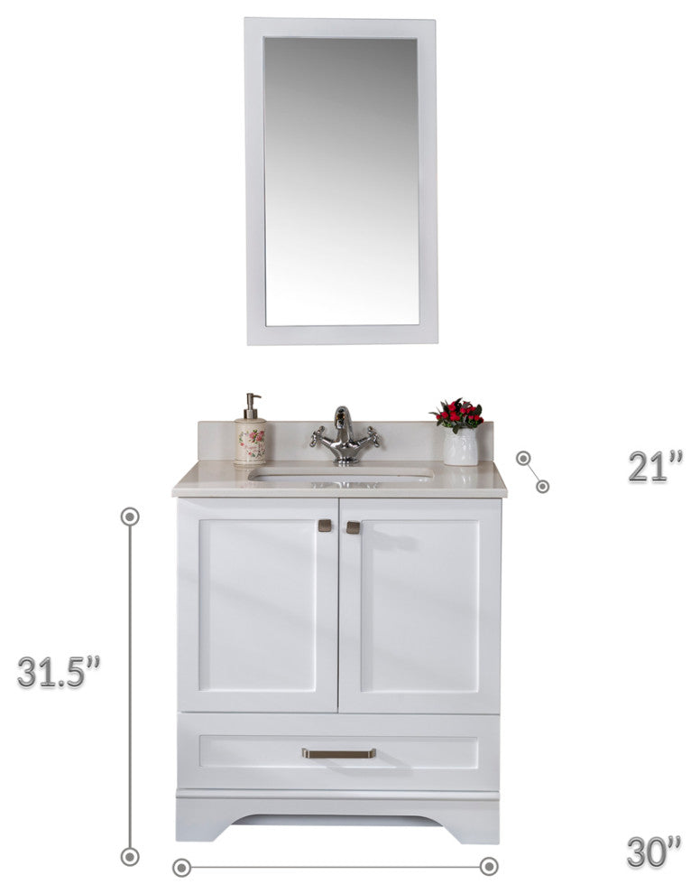Livia Collection 30" Bath Vanity Quartz Top and Ceramic Sink, White, 30"