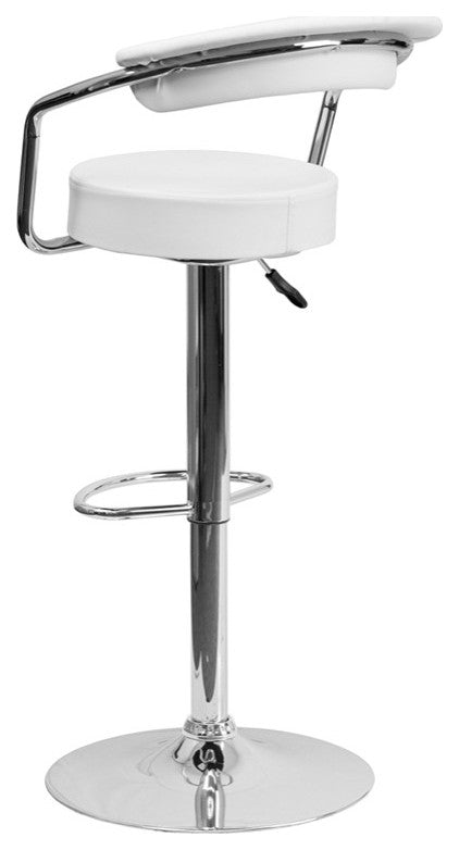 Contemporary White Vinyl Adjustable Barstool With Arms and Chrome Base