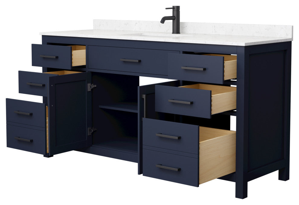 66"SGL Vanity Dark Blue, Carrara Cult. Marble Countertop, Sink, Black Trim