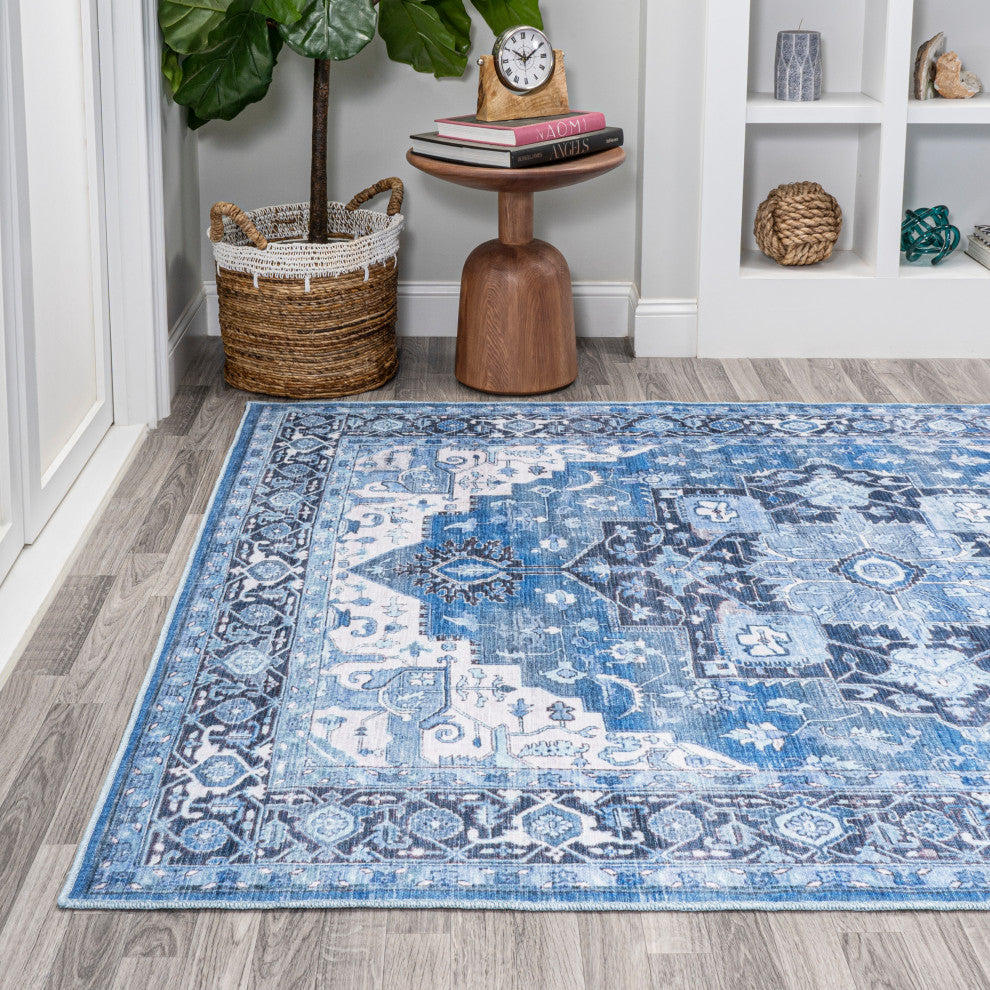 Maris Ornate Medallion Machine Washable Indoor Area Rug, Blue/Navy, 8 X 10