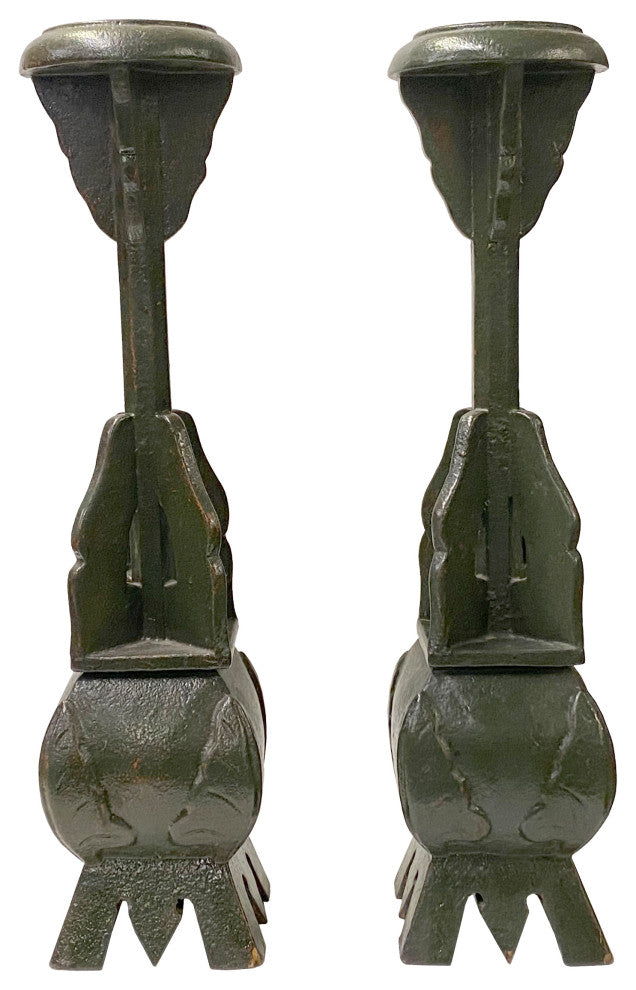 Pair Handmade Wood Green Square Base Round Candle Holders Display, Hws2231