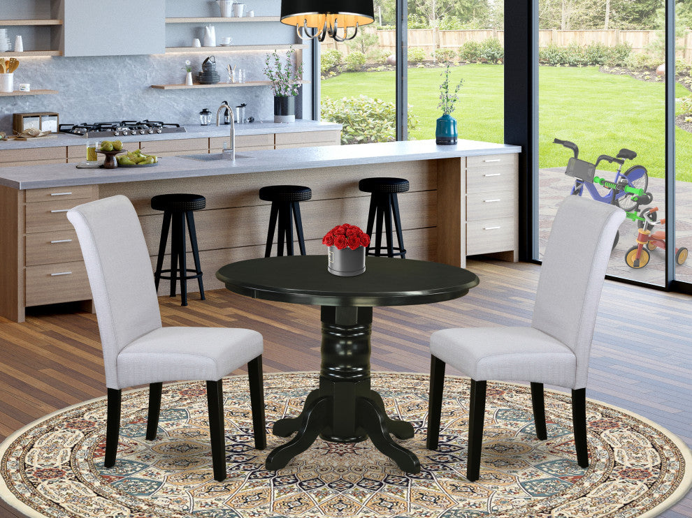 3Pc Small Round Table, Grayish Blue Fabric Kitchen Chairs, Black Chair Legs