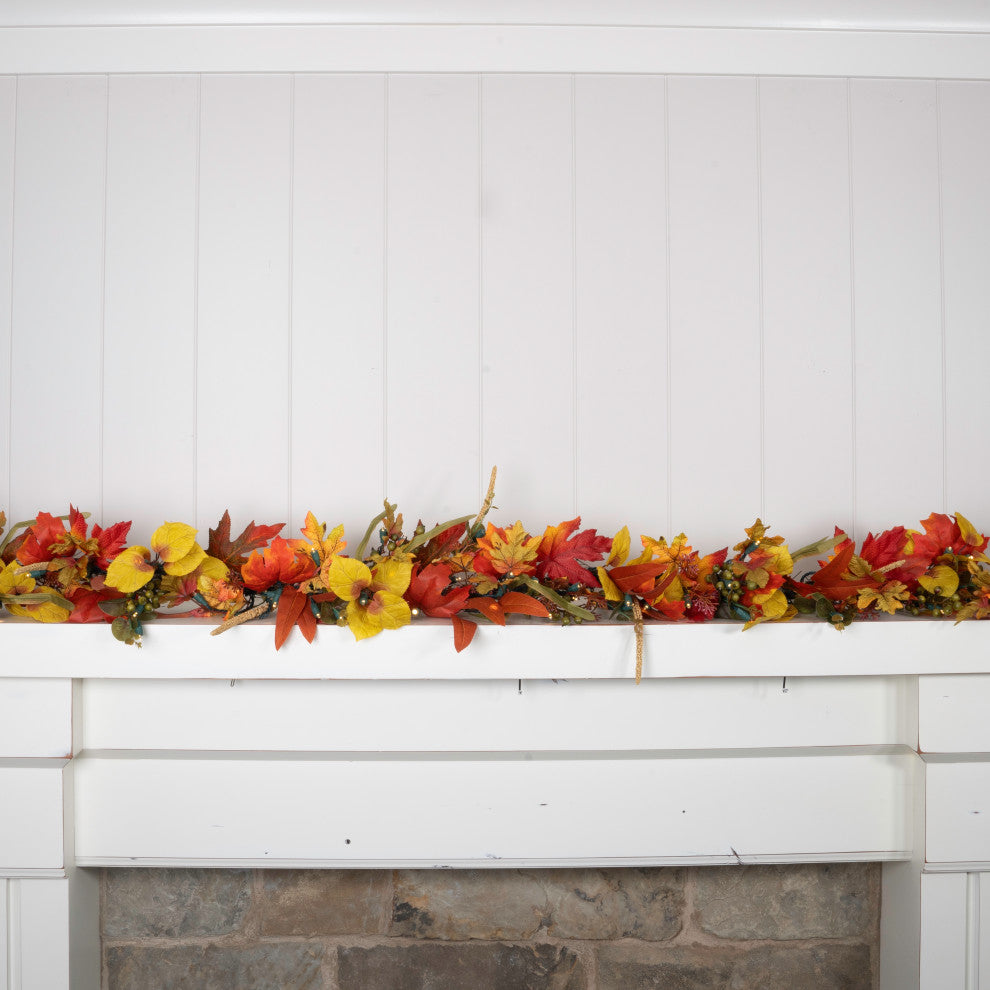 9' Artificial Garland with Lights, Fall Harvest Leaf