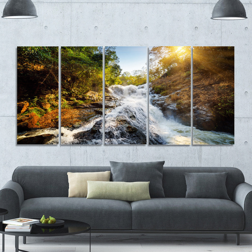 Waterfall through the Forest, Landscape Canvas Art Print, 60"x28", 5 Panels