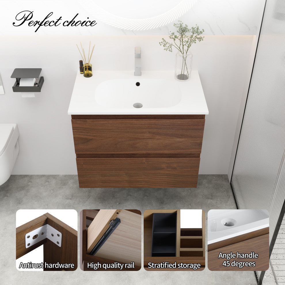 Wall-Mounted Plywood Bathroom Vanity Set in Light Oak with Integrated Gel Sink, Brown Oak, 30" X 18" X 20"