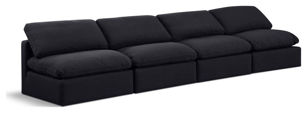 Indulge Upholstered Modular Sofa, Black, 4-Piece: 4 Armless Chair, Down Stuffed Linen Textured Fabric