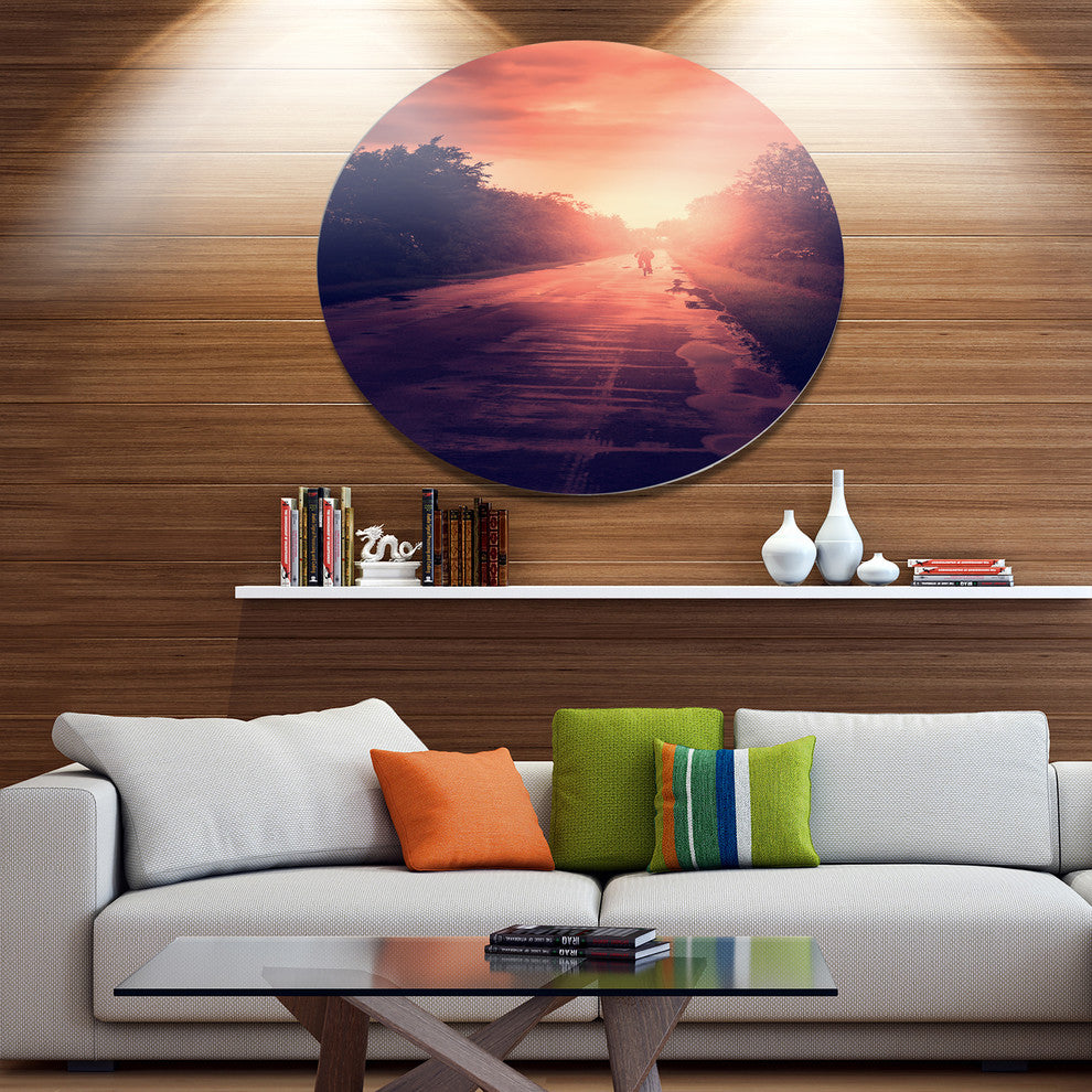 Vintage Biker At Sunset, Modern Landscape Disc Metal Wall Art, 23"