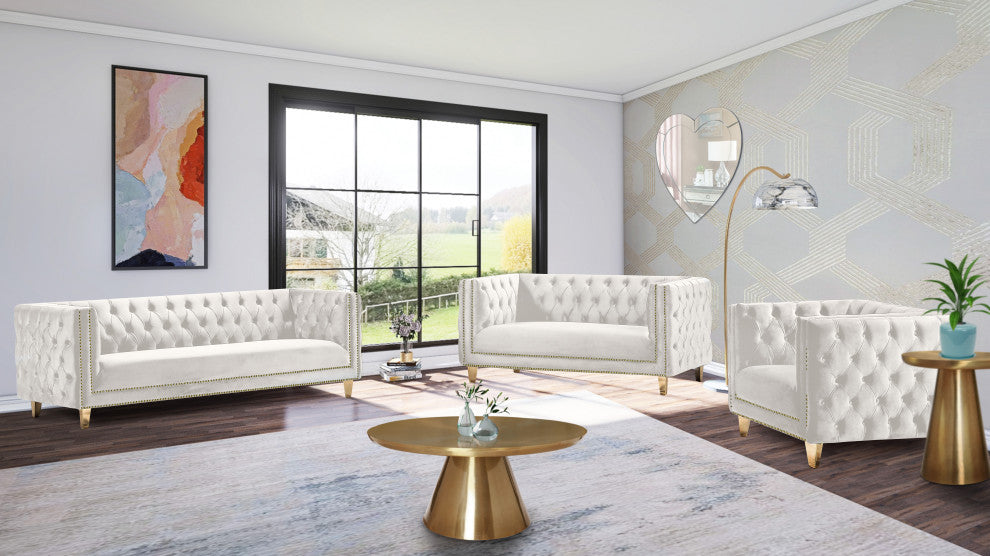 Michelle Fabric Upholstered Chair, Gold Iron Legs, Cream, Velvet, Sofa