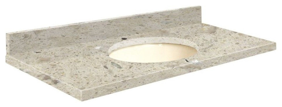 Quartz 31"x22" Vanity Top, Single Faucet Hole, Carmel, Biscuit Bowl