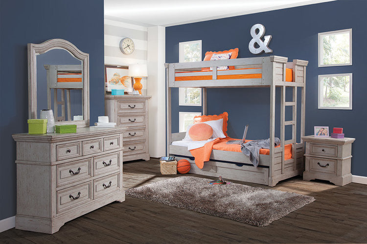 Brylee Twin Over Twin Louvered Bunk Bed, Antique Gray With Twin Trundle