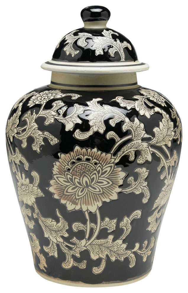 AA Importing 59727 Black And Cream Floral 10 Inch Ginger Jar