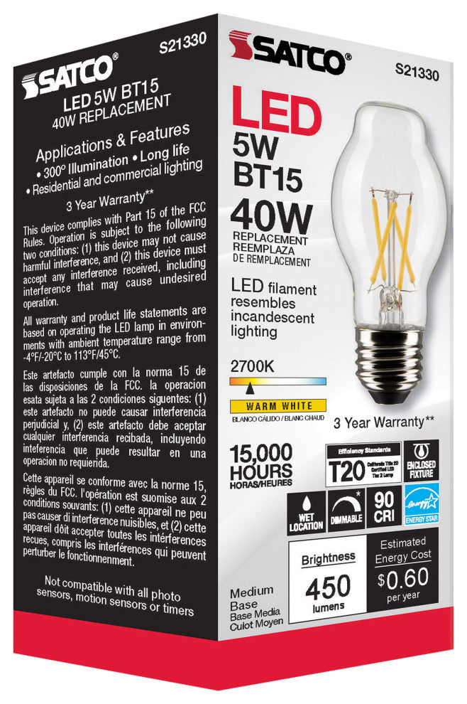 5W BT15 LED, Clear, Medium Base, 90 CRI, 2700K, 120V