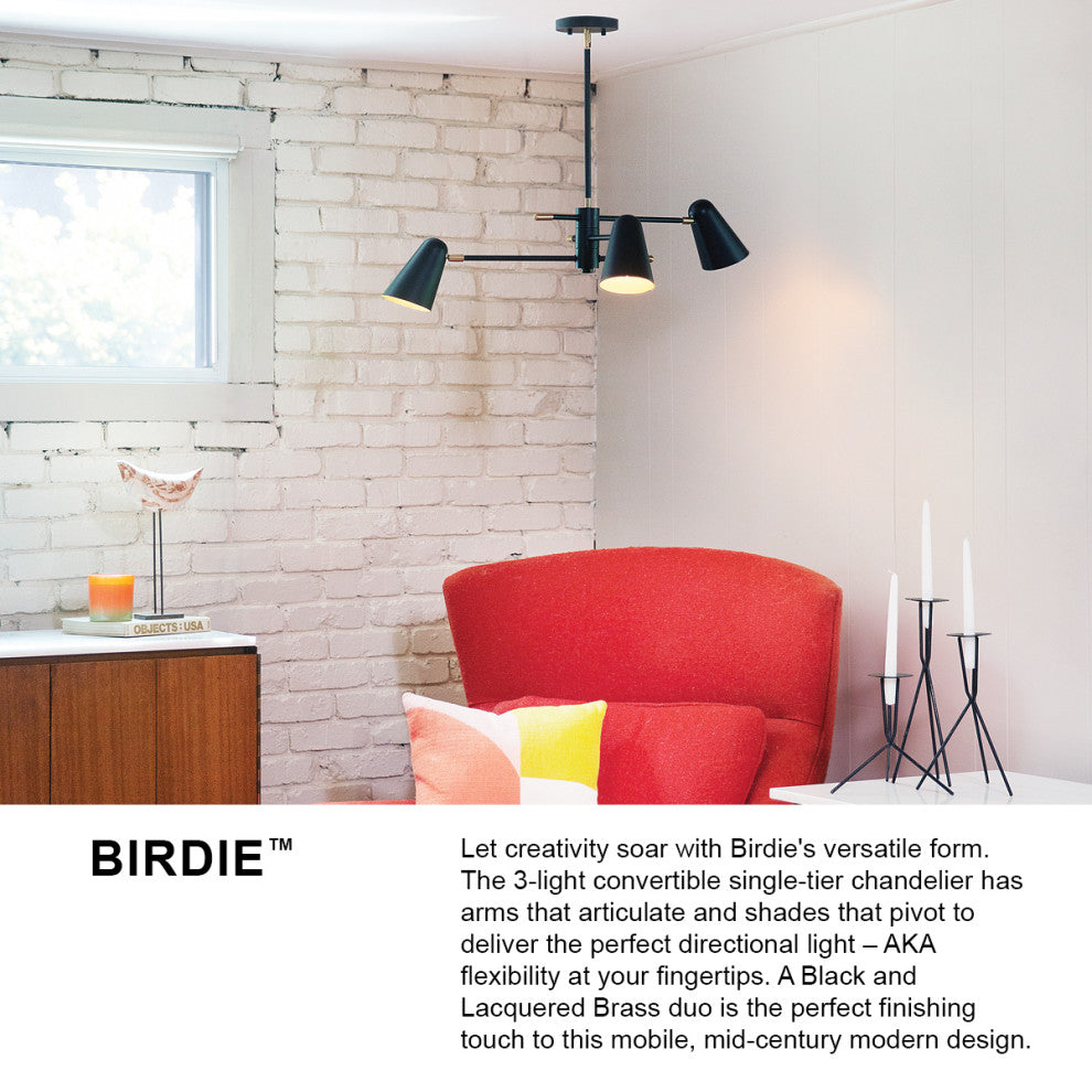 Lark Birdie 3 Light Convertible 1 Tier, Lacquered Brass With Matte White Accents