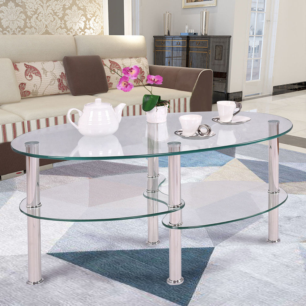 Costway Tempered Glass Oval Side Coffee Table Shelf Chrome Base Room Clear