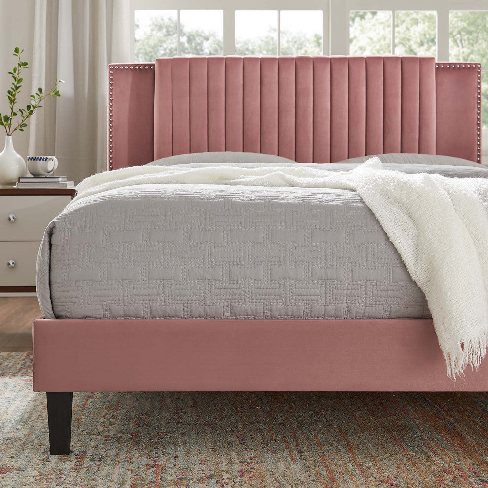Zahra Channel Tufted Performance Velvet King Platform Bed, Dusty Rose