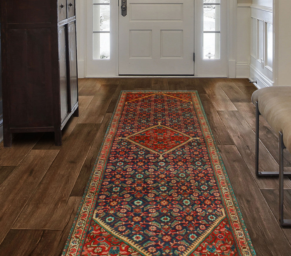 Fine Vintage Distressed Nestor Navy/Red Runner, 3'7x10'3