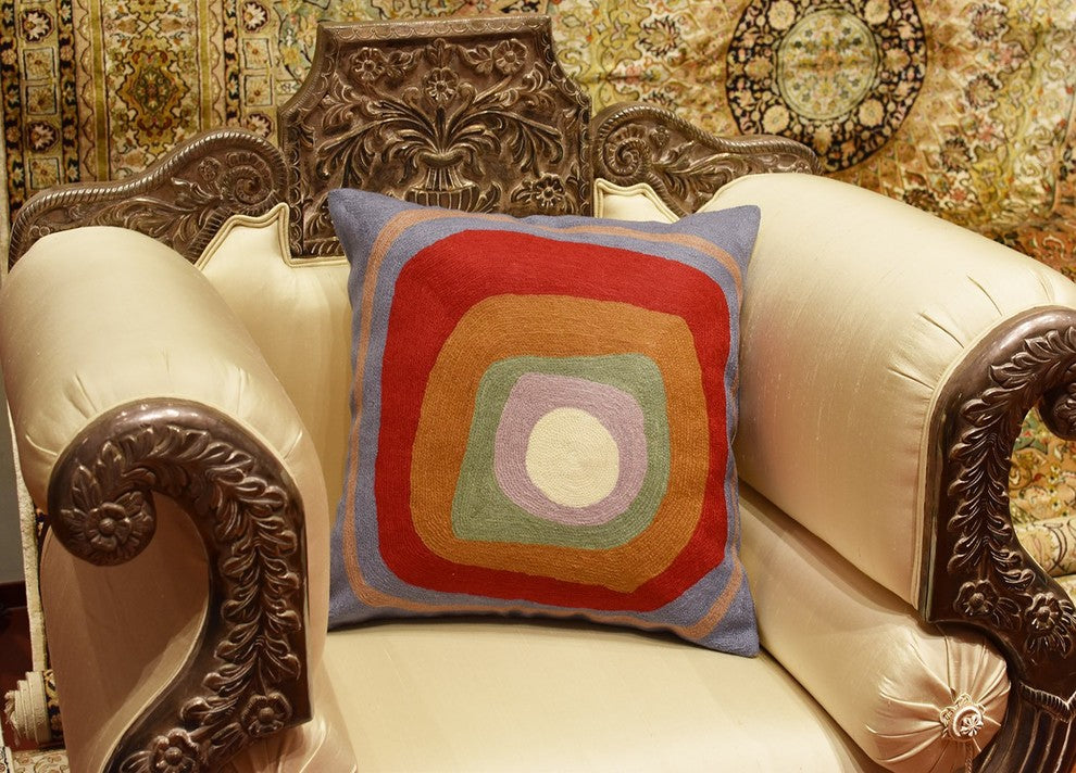Kandinsky Ruby Square Blue IV Accent Pillow Cover Handembroidered Wool 18x18"