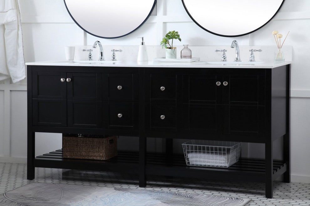 Elegant VF16472DBK-BS 72"Double Bathroom Vanity, Black With Backsplash