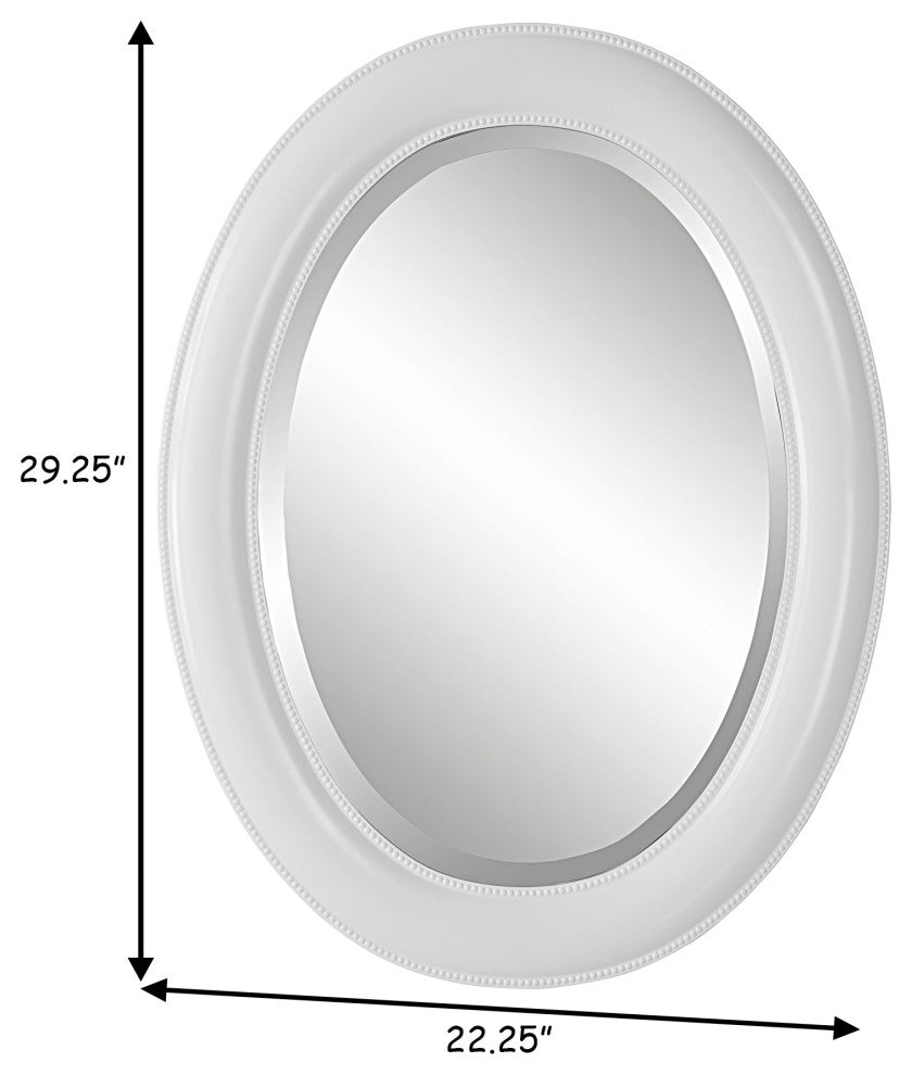 29 Inch Wood Wall Mirror, Beaded Oval Shape, White