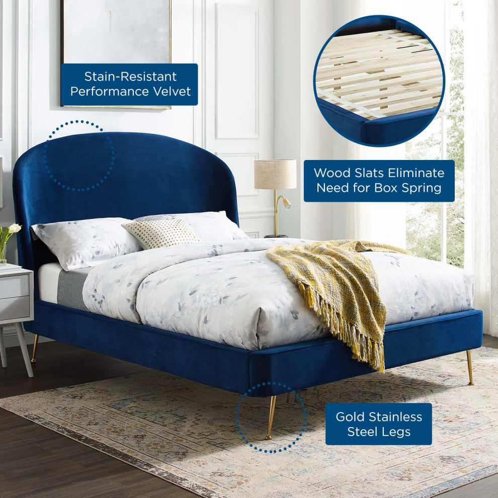 Platform Bed Frame, Queen Size, Velvet, Blue Navy, Modern Contemporary, Bedroom