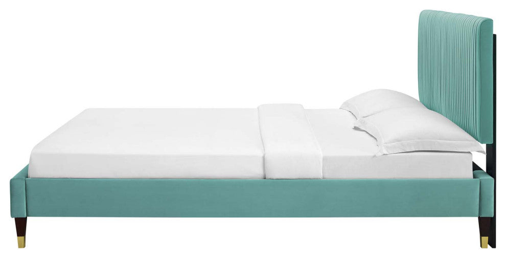 Platform Bed Frame, Twin Size, Velvet, Blue, Modern Contemporary, Bedroom Master