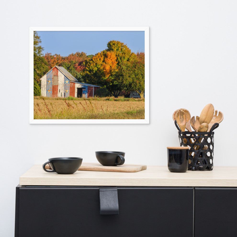 Patriotic Barn in Field Rural Landscape Framed Photo Paper Wall Art Prints, White, 16" X 20"
