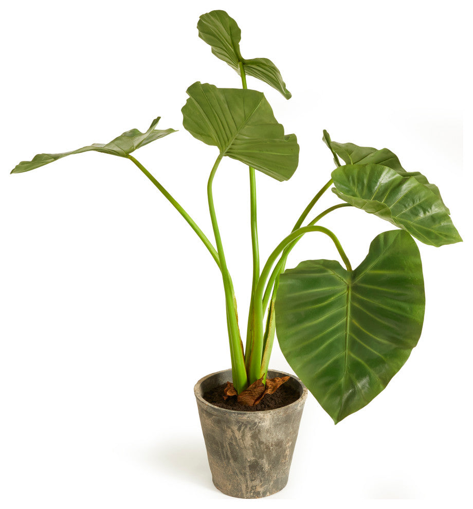 Large Elephant's Ear Green Leaf Faux Floral Plant Big Leaves 42 in Rustic Pot