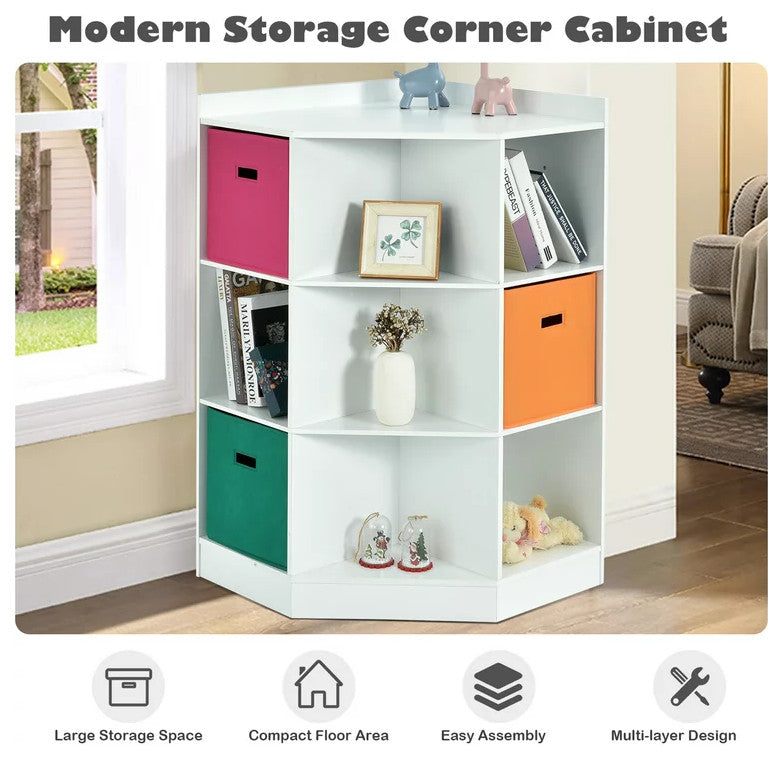 Corner Bookcase, Triangle Center Shelves & 6 Open Cubbies With 3 Baskets, White