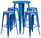 24" Round Blue Metal Bar 5-Piece Table Set With 4 Square Seat Backless Stools