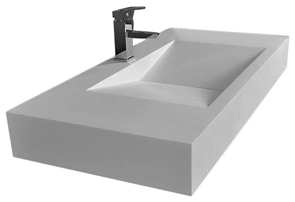 Wall-Mount Floating Sink Solid Surface Stone Resin Bathroom V-Shaped, Matte White