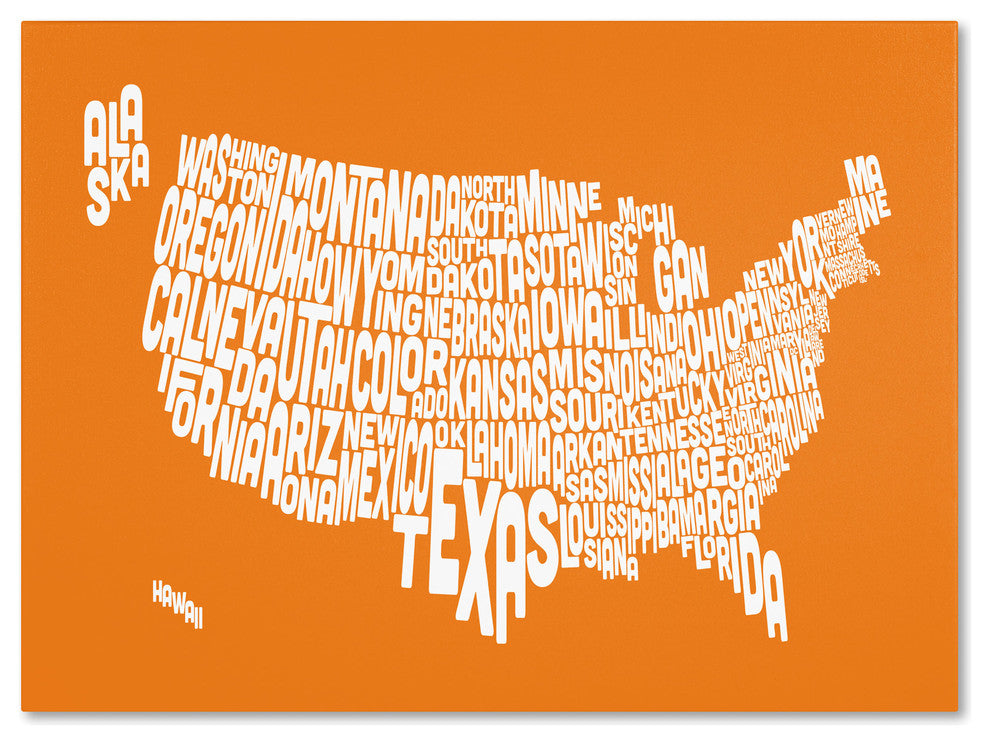 'USA States Text Map - Orange' Canvas Art by Michael Tompsett