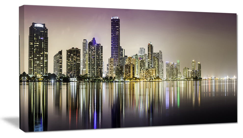 Miami Downtown Night Panorama, Extra Large Canvas Art Print, 32"x16"