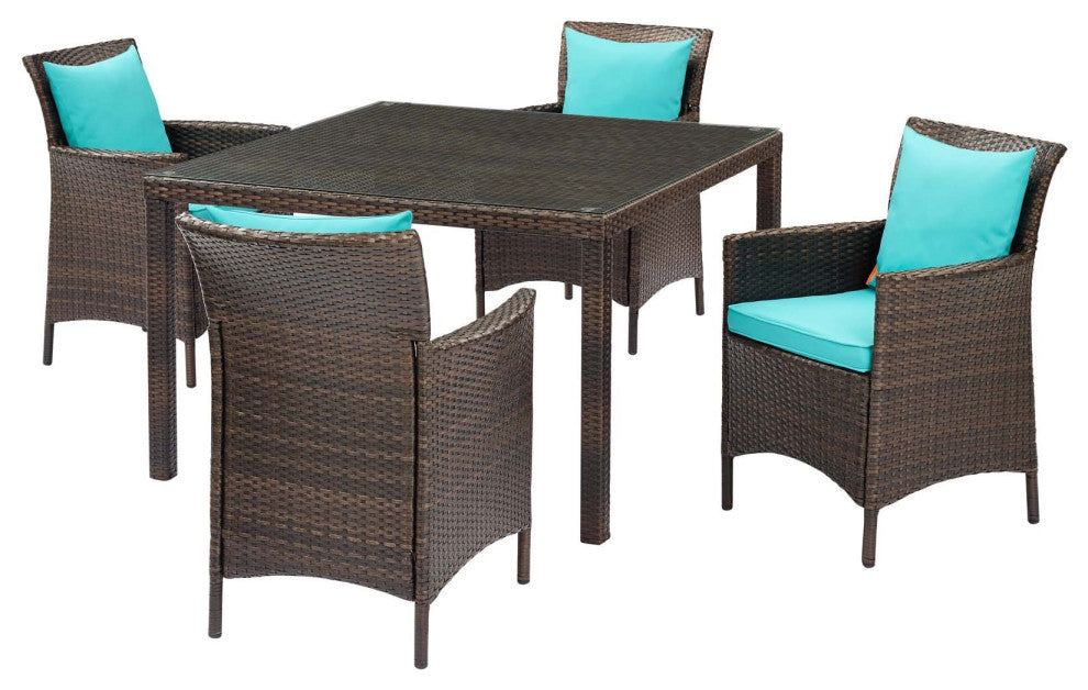 Side Dining Chair and Table Set, Rattan, Wicker, Brown Blue, Modern, Outdoor