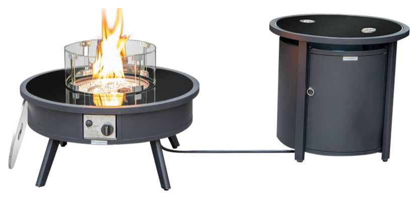 LeisureMod Walbrooke Round Fire Pit Table and Tank Holder, Black