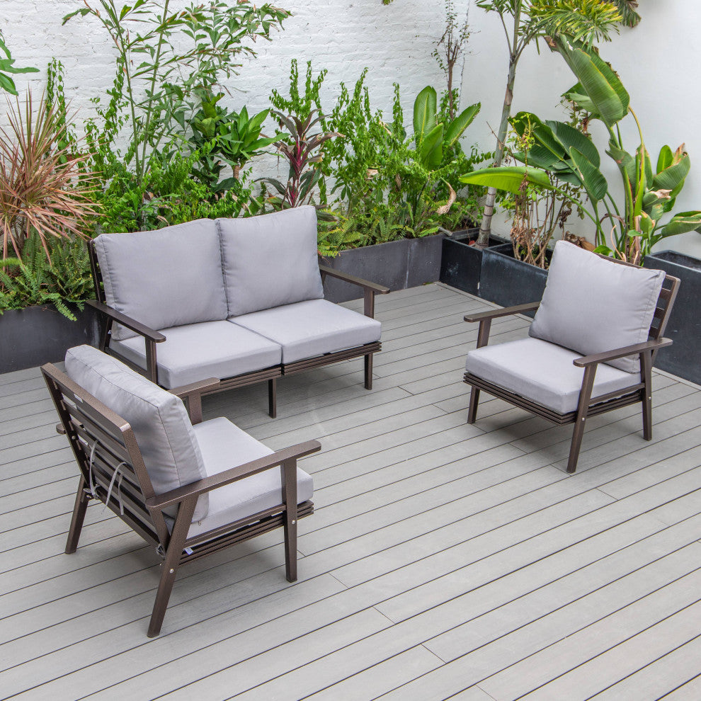 LeisureMod Walbrooke 3-Piece Patio Set With Brown Aluminum Frame and Cushions, Grey