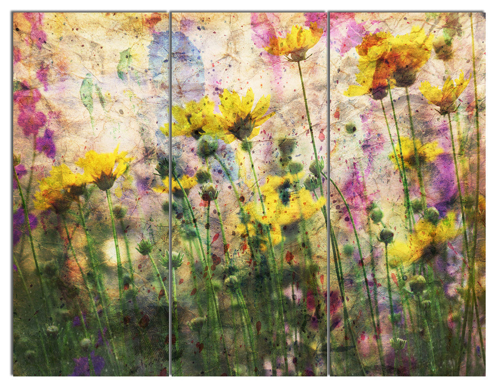 Coreopsis Flowers and Paint Splashes, Flower Artwork on Canvas, 36x28, 3 Panels