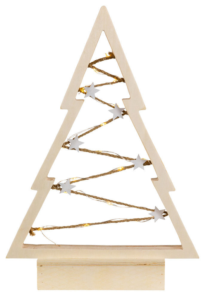 11" Lighted Wooden Christmas Tree With Stars Tabletop Decoration
